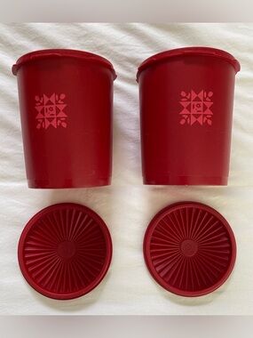 Pair of Vintage Red Tupperware Containers with Tulip Design